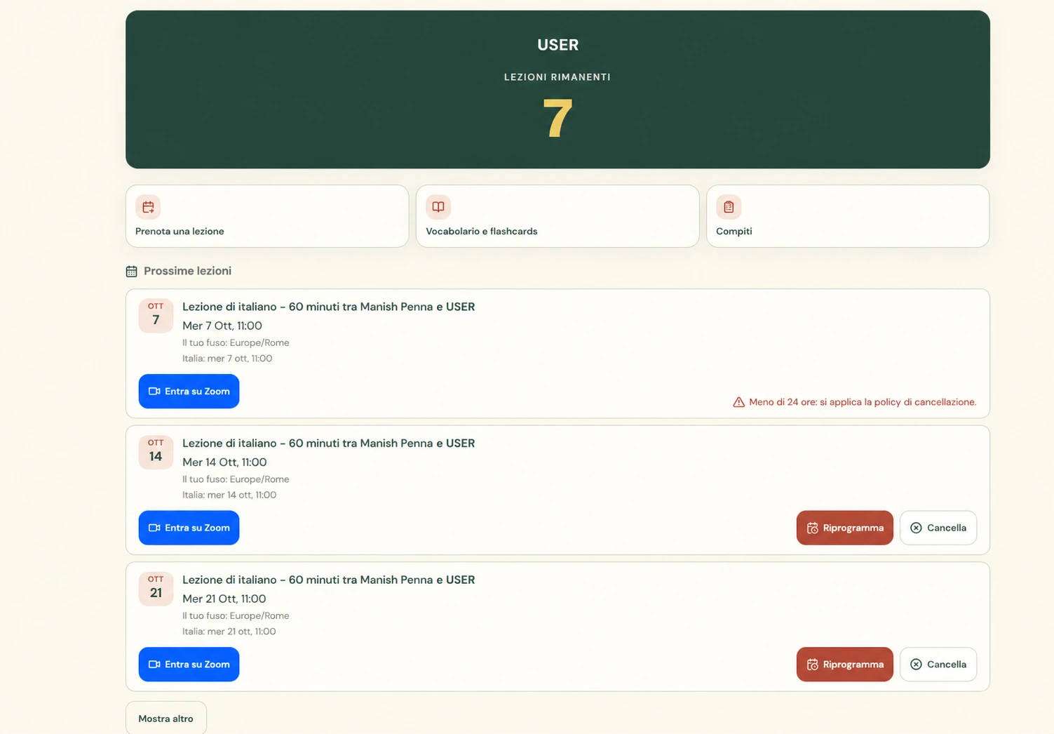 Student dashboard for USER with seven lessons remaining, booking and study links, three upcoming lessons, Zoom access and booking controls